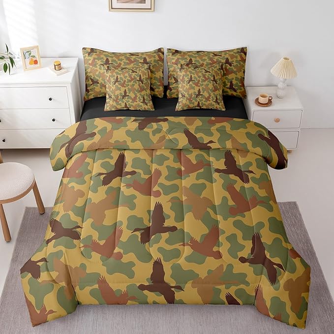 Feelyou Camouflage 7 Pieces Bedding Set Twin Size Duck and Camo Bedding Bed Set Set for Boys Teens Decor Duck Hunting Bed Set Includes Comforter, Sheet Set, Pillowcases Military Bedroom
