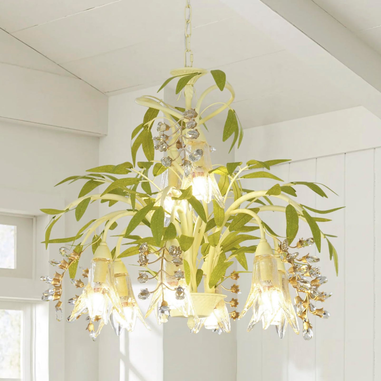 Crystal Chandeliers, Dining Room Pendant Light, Bedroom Floral Ceiling Light Fixtures, Tree Branch Rustic Outdoors Glass Pendant Lights, for Living Room, Farmhouse, Foyer, Kitchen, Entryway, E12 Base