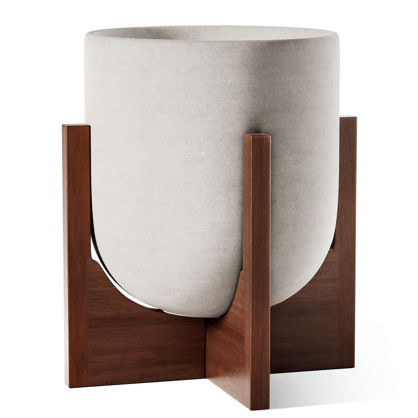 LE TAUCI 12 Inch Plant Pot with Acacia Wood Stand, Ceramic Large Planters for Indoor Plants, Indoor Pots for Plants Office Living Room, Cylinder Planter with Drainage Hole and Plug, Neutral Gray