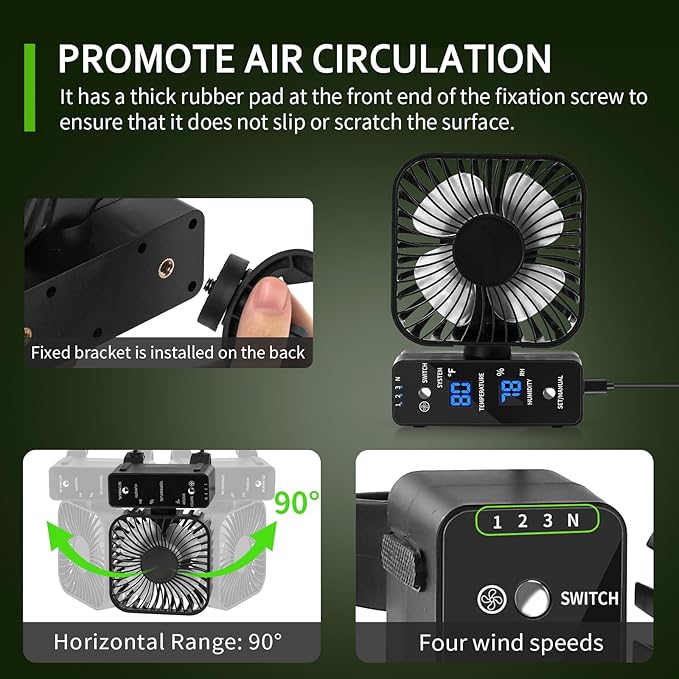 2-Pack 4” Grow Tent Fan With Temperature And Humidity Meter,Automatic Humidity Control,Oscillating Fan For Hydroponic Ventilation Circulation With Clips,Adjustable Speed Quiet Greenhouse