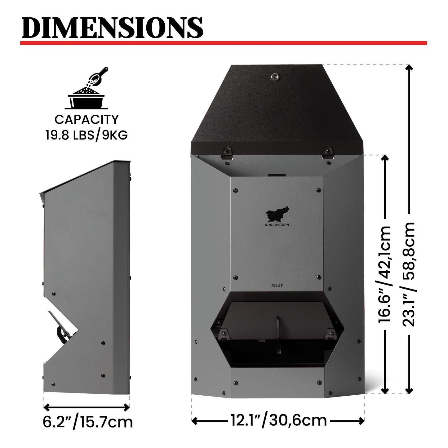 RUN-CHICKEN Feeder (Gray) Automatic Chicken Feeder, Battery Operated, Programmable Safety Hatch with Timer,19.8 lbs Feed Supply, Pest Proof, Chicken Coop Accessories, Model F80