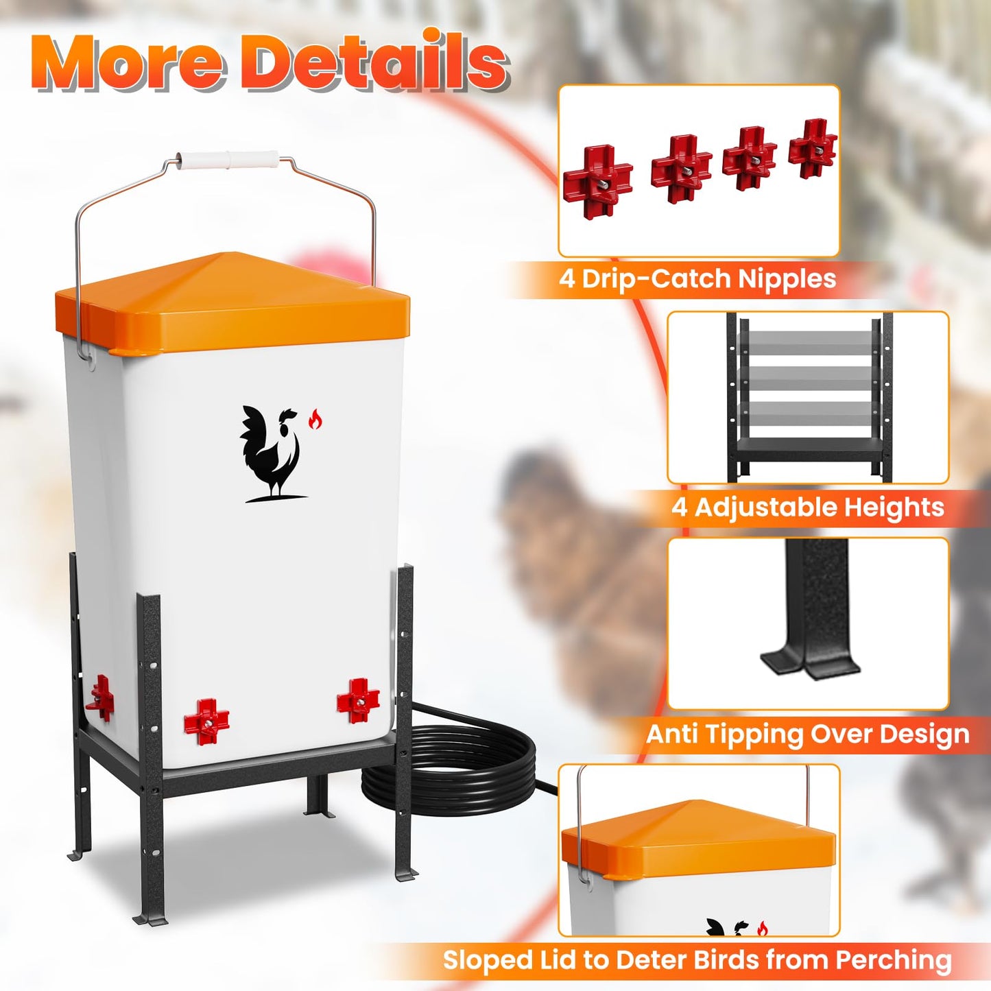 Heated Chicken Waterer, 3.2 Gallon Poultry Water Heater for Winter with 4 Horizontal Nipples, Thermostatically Controlled, 4 Adjustable Heights, Anti-Freezing Watering System for Coop Accessories