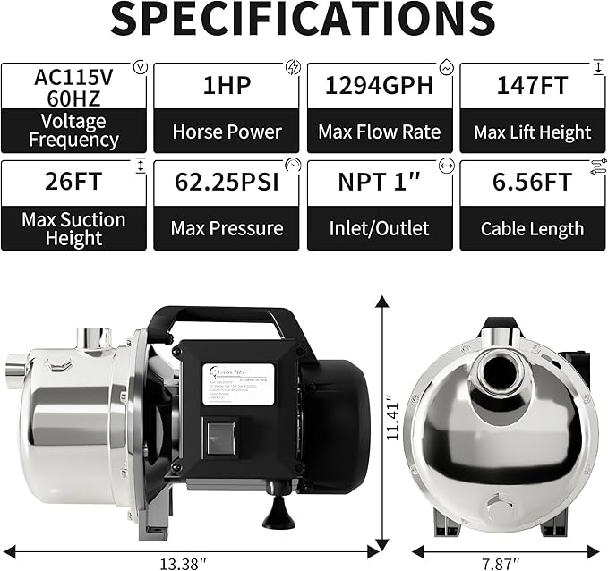 LANCHEZ 1 HP Portable Shallow Well Garden Pump, 1294 GPH Stainless Steel Sprinkler Pump, 115V Water Transfer Draining Irrigation for Lawn