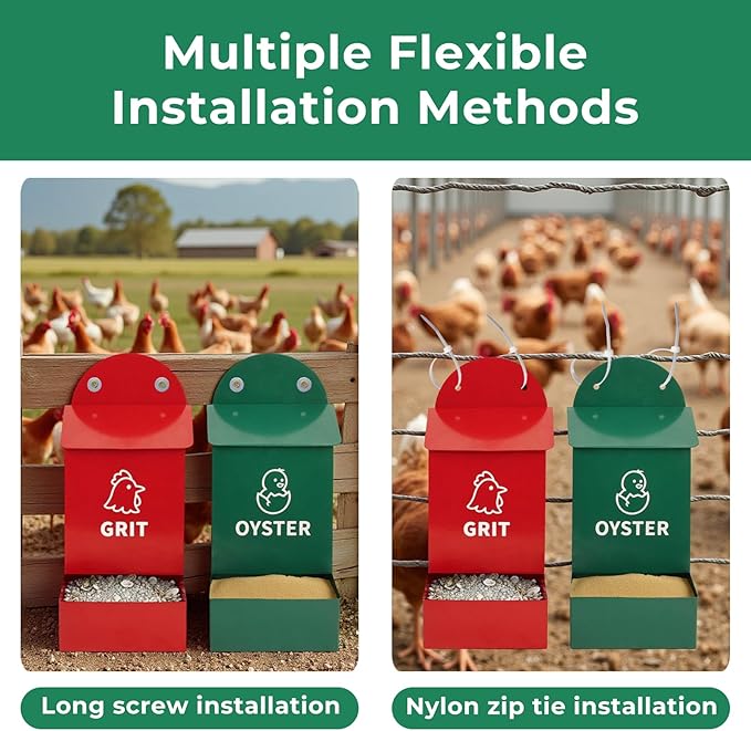 Wall Mounted Chicken Grit and Oyster Shell Feeder Set, Heavy Duty Metal Poultry Accessories with Dual Compartments, Rustproof Hanging Feed Dispensers for Coop or Fence