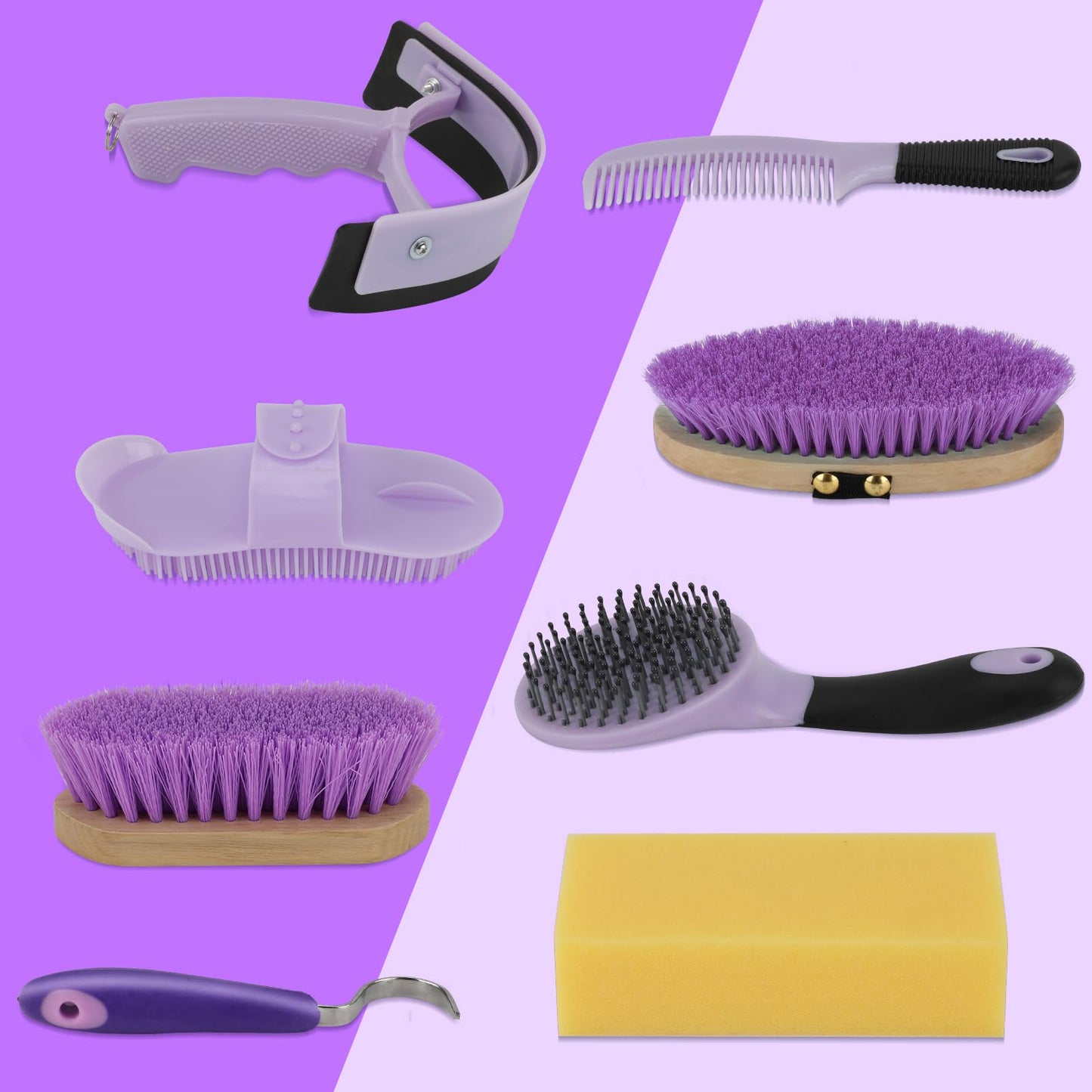 GINDOOR 9 Pieces Grooming Kit with Tote Bag, Sweat Scraper, Sponge, Hoof Pick, Curry Comb for Horse Riders Beginners (Purple)