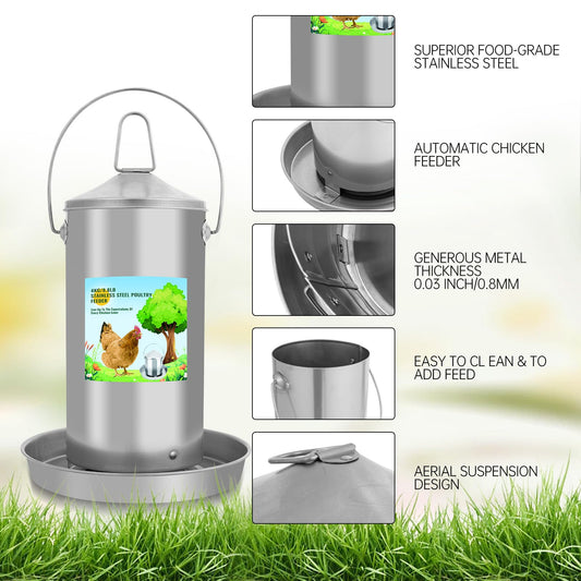 Automatic Chicken Feeder 4KG/8.8lbs, Heavy Duty Stainless Steel Reliable Long-Lasting Poultry Feeder with Handle, High Strength Structure 0.035 Inch/0.9mm Metal Thickness