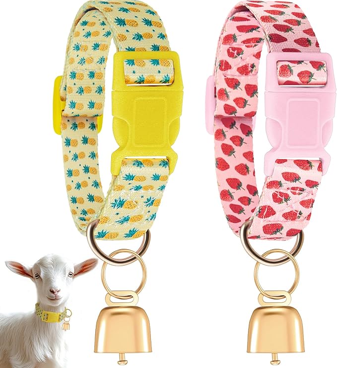 Talltalk 2 Pack Goat Collars with Bells Grazing Copper Bell and Adjustable Nylon Collar Set Loud Bronze Bell for Farm Sheep Cow Sheep Dog Accessories Christmas Thanksgiving Gift(Strawberry, Pineapple)