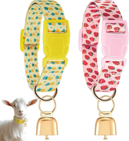 Talltalk 2 Pack Goat Collars with Bells Grazing Copper Bell and Adjustable Nylon Collar Set Loud Bronze Bell for Farm Sheep Cow Sheep Dog Accessories Christmas Thanksgiving Gift(Strawberry, Pineapple)