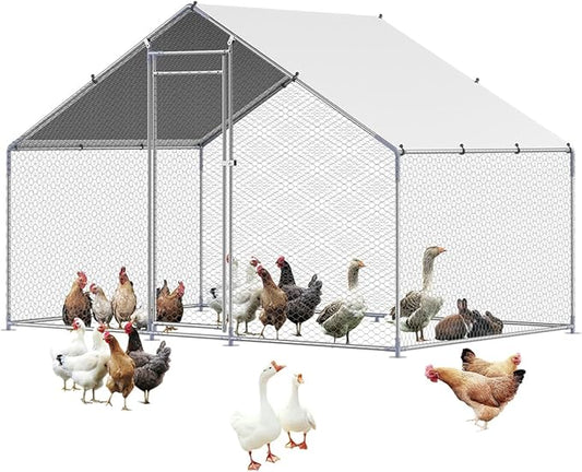 VEVOR Large Metal Chicken Coop with Run, Walkin Chicken Coop for Yard with Waterproof Cover, 6.5 x 9.8 x 6.5 ft, Spire Roof Large Poultry Cage for Hen House, Duck Coop and Rabbit Run