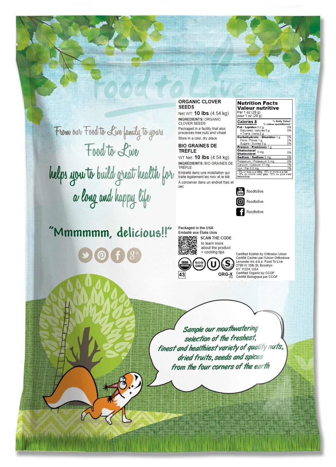 Food to Live Organic Clover Seeds for Sprouting, 10 Pounds Non-GMO, Pure, Vegan, Kosher, Bulk, Edible Seeds, Rich in Vitamins, Minerals, Fiber for Growing Sprouts, Microgreens High Germitation Rate
