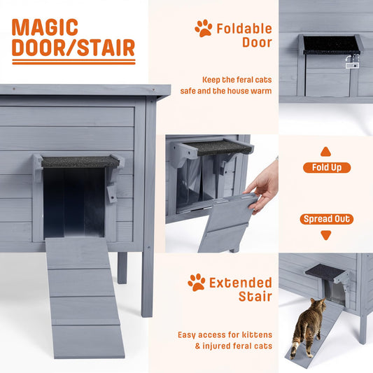 BRIOPAWS Outdoor-Cat-House-Insulated | Feral-Cat-Shelter for Winter | Weatherproof | Large Wooden Pet House for Multiple Cats | Foldable Ladder | Acrylic Side Window | Grey