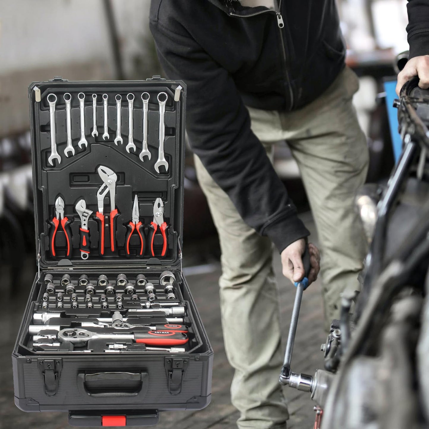 Black Hand Tool Box With 4 Layers Of Toolset,Aluminum Trolley Case Tool Set,Rolling Tool Case Box On Wheels,899pcs Household Hand Kit for House Repair, Garden, Office
