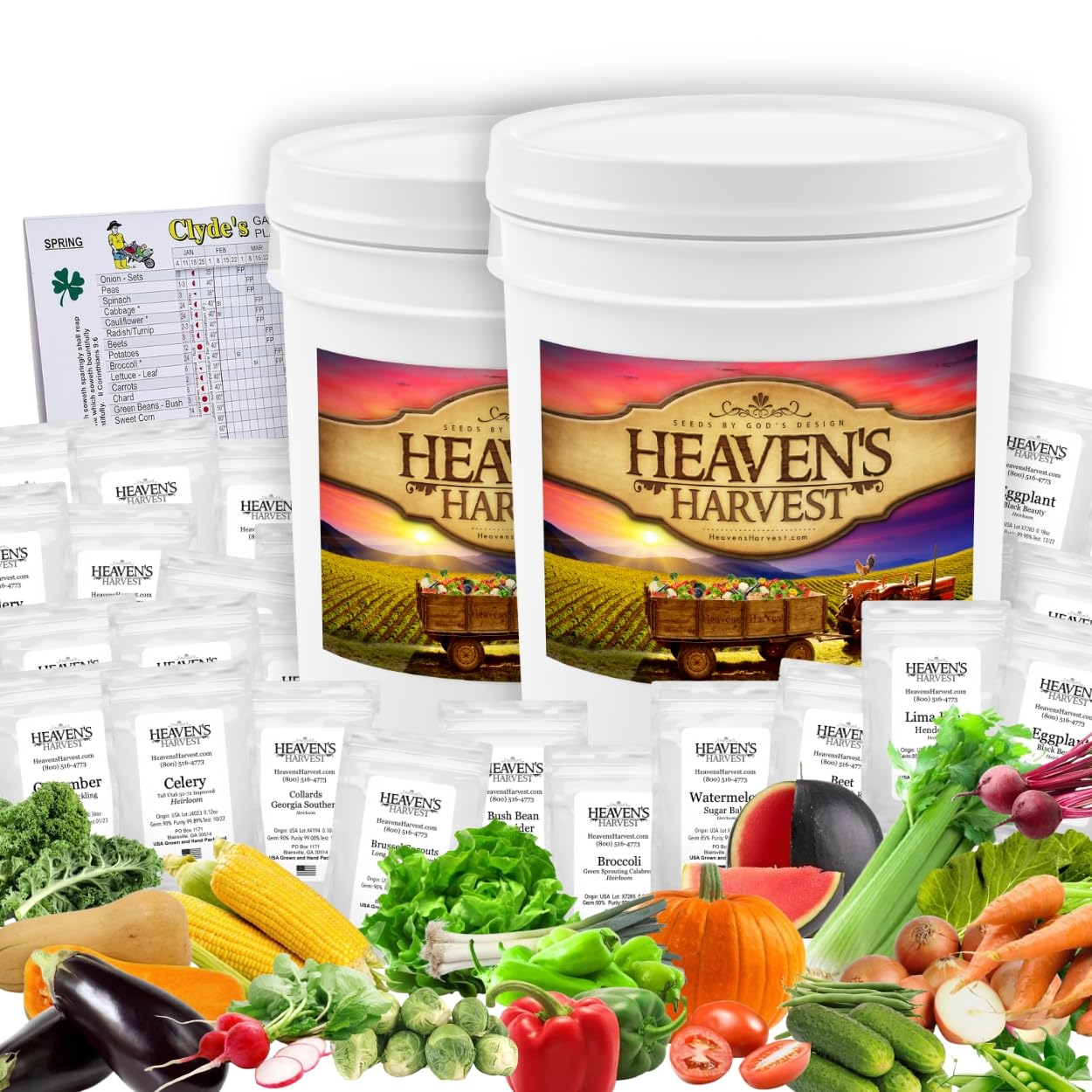 Heaven’s Harvest “10 Year Garden” Survival Seed Bank Kit | Over 50k Non GMO Heirloom Vegetable Survival Seeds + 2 Free Bonus Items: Clyde’s Garden Planner + Seed Vault Storage Drum for 10 Year Storage