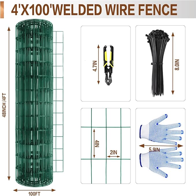 Tongmo 4 ft x 100 ft Green PVC Coated Welded Wire Fence, 16GA Garden Chicken Wire Fence Roll, Mesh Size 2" x 4" Hardware Cloth, Ideal for Yard Protection and Poultry Netting