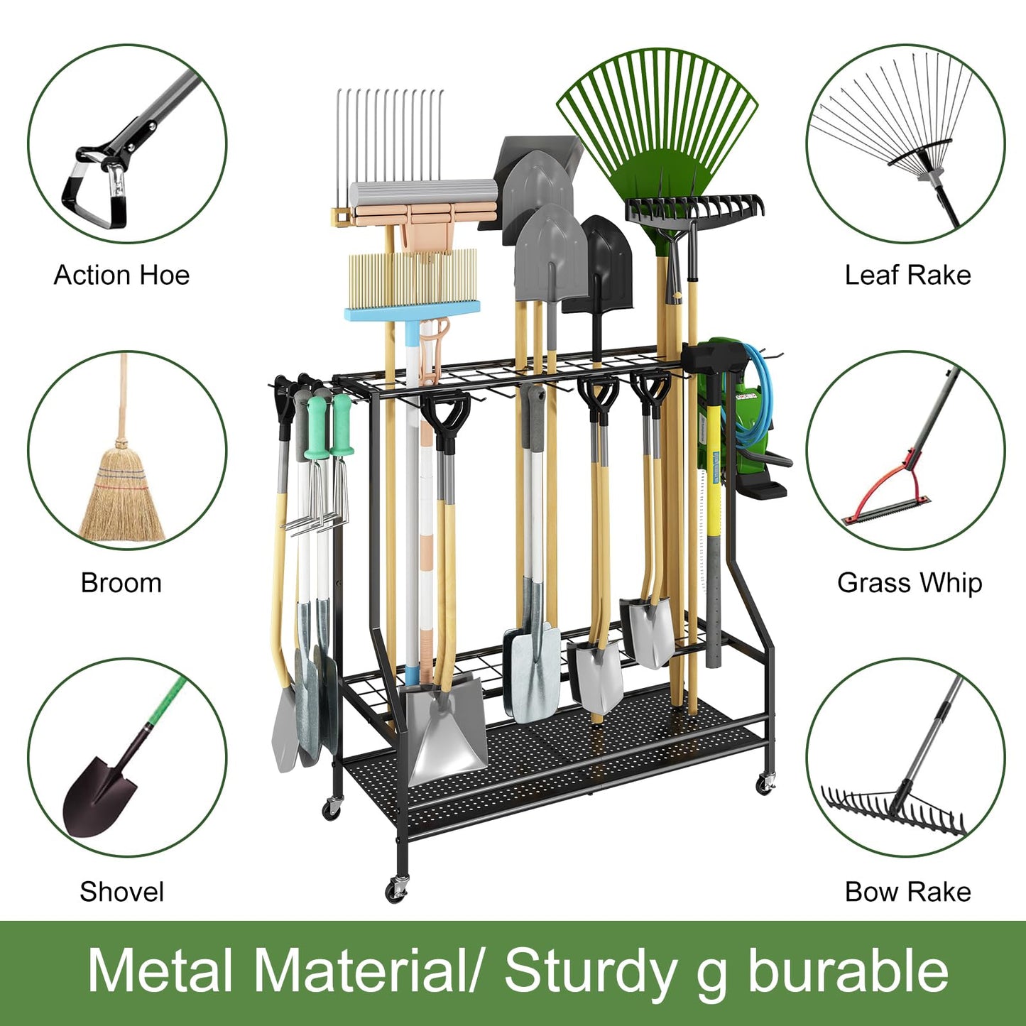 GILLAS Garden Tool Organizer for Garage, Utility Storage Racks with Hooks, Metal Yard Tool Stand Holder Organizer for Long-Handled, Broom, Shovel, Rake, Sturdy Heavy Rack for Outdoor, Yard, Black