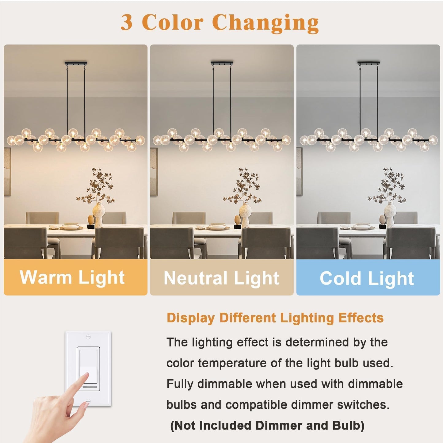 Lzawvm Modern Linear Chandeliers for Dining Room 70 Inhch Sputnik Linear Chandelier Clear Striped Glass Globe Pendant Light for Kitchen Island, Farmhouse, Living Room, Dia 70 Inch