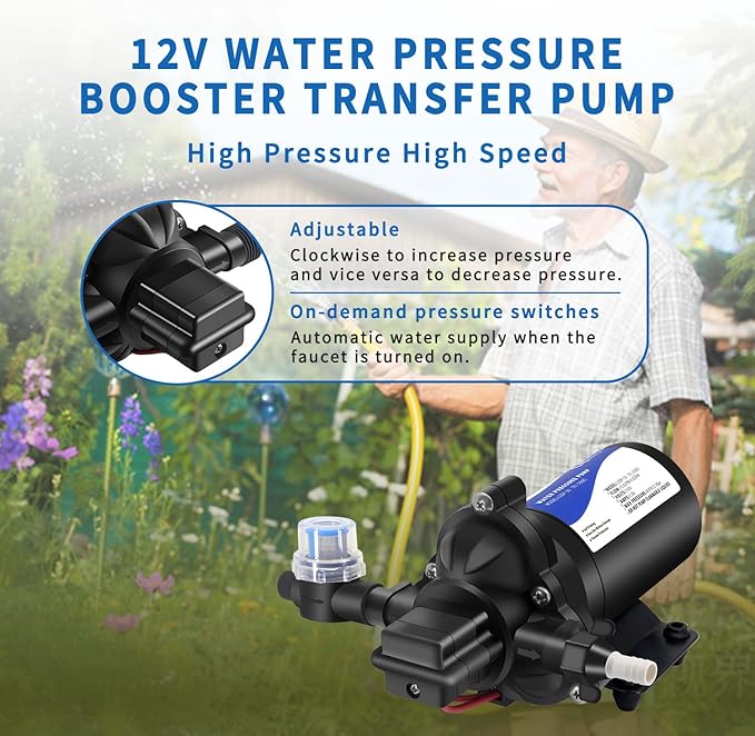 12V DC RV Fresh Water Pump for Home,4GPM 45PSI Self Priming Garden Hose Booster Sprinkler Pump for Bathroom Camp,Washdown Diaphgram with Pressure Switch for Boat Irrigation Yach