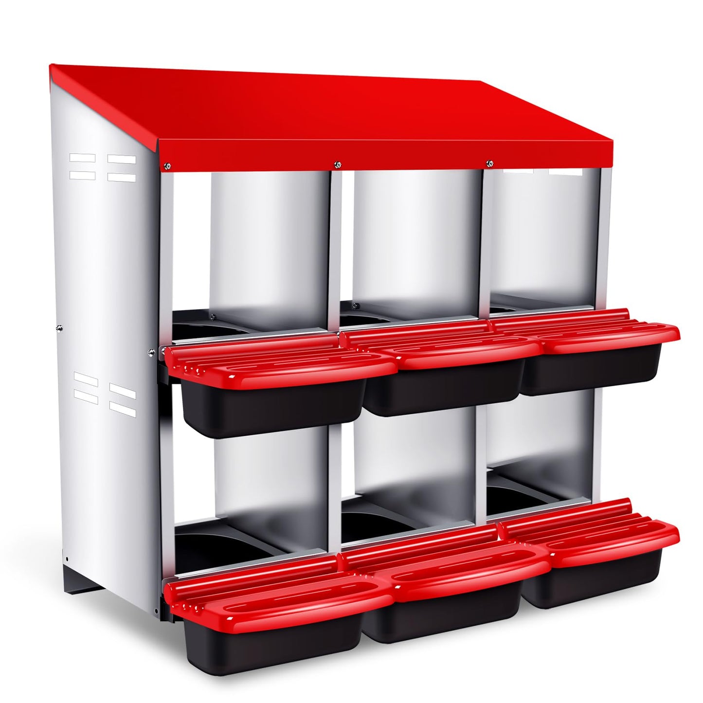 Chitidr Chicken Nesting Box, 6 Compartments Metal Chicken Laying Box with Roll Away Egg Collection and Perch, Rust Proofed Wall Mount Poultry Nesting for Hens Red