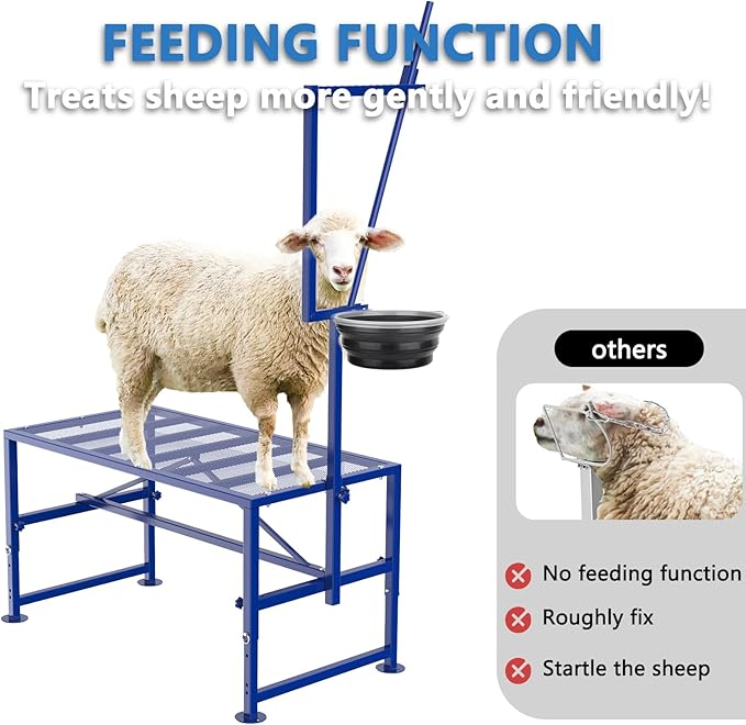 600 LBs Goat Stand with Feed Bin, Goat Milking Stand for Sheep Trimming and Milking, Hoof Trimming Stand Adjustable Size, with Feeder, Iron Blue