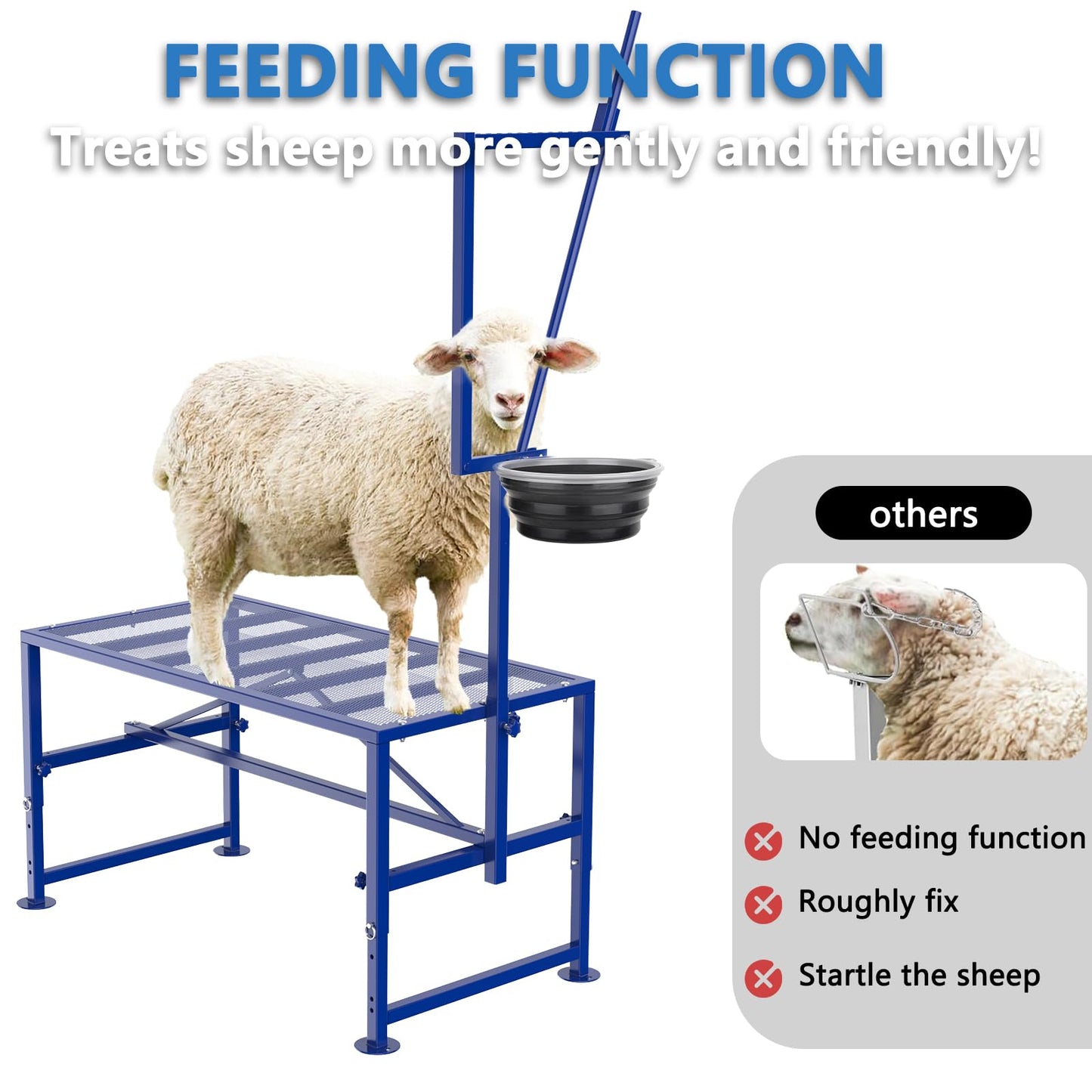 Lezbanz 600 LBs Goat Stand with Feed Bin, Goat Milking Stand for Sheep Trimming and Milking, Hoof Trimming Stand Adjustable Size, with Feeder, Iron Blue
