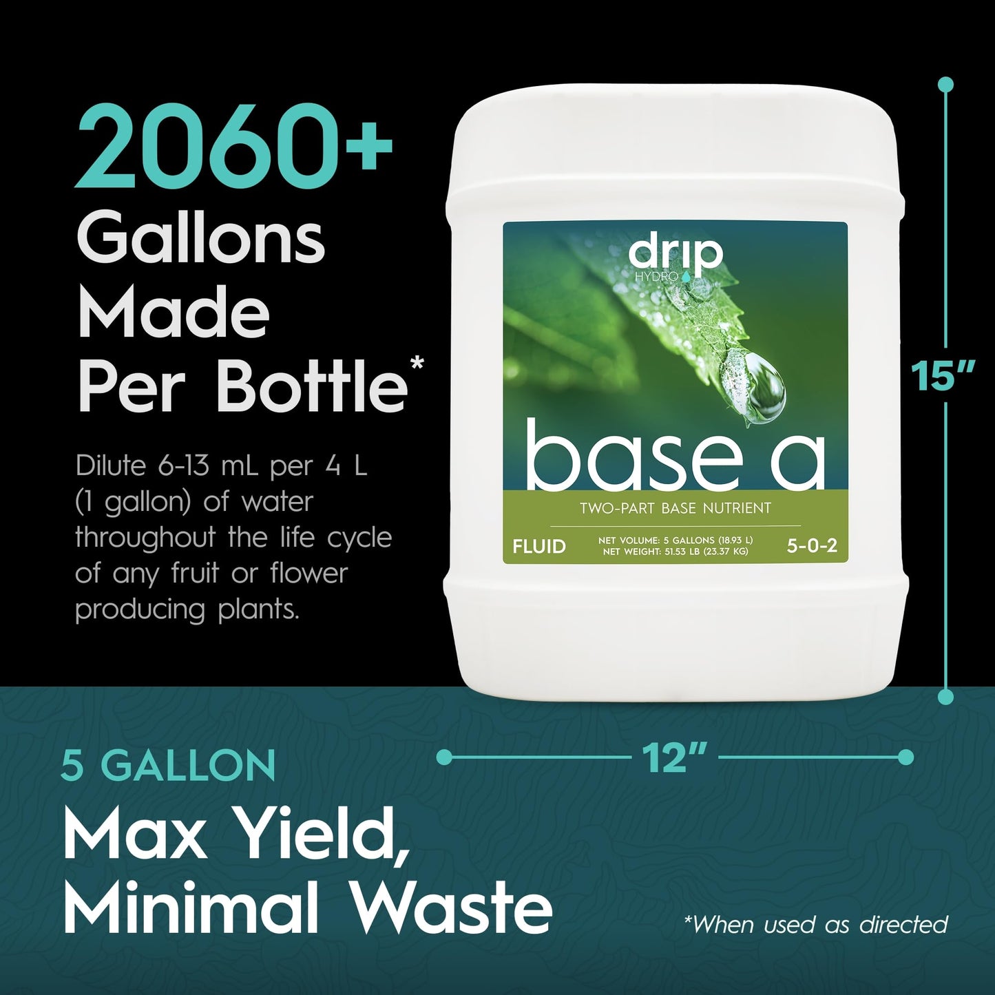 Drip Hydro Base A 5 Gallon | Liquid Nutrient Solution | Essential Macronutrients & Chelated Micronutrients for Hydroponics & Soil Cultivation
