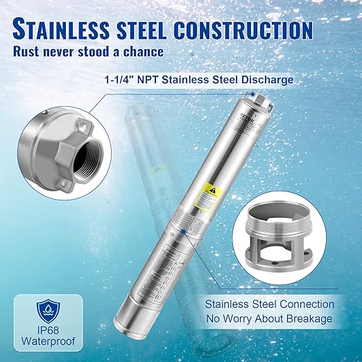 VEVOR Deep Well Submersible Pump, 0.5HP 115V/60Hz, 28gpm Flow 167ft Head, with 33ft Electric Cord, 4" Stainless Steel Water Pumps for Industrial, Irrigation&Home Use, IP68 Waterproof Grade