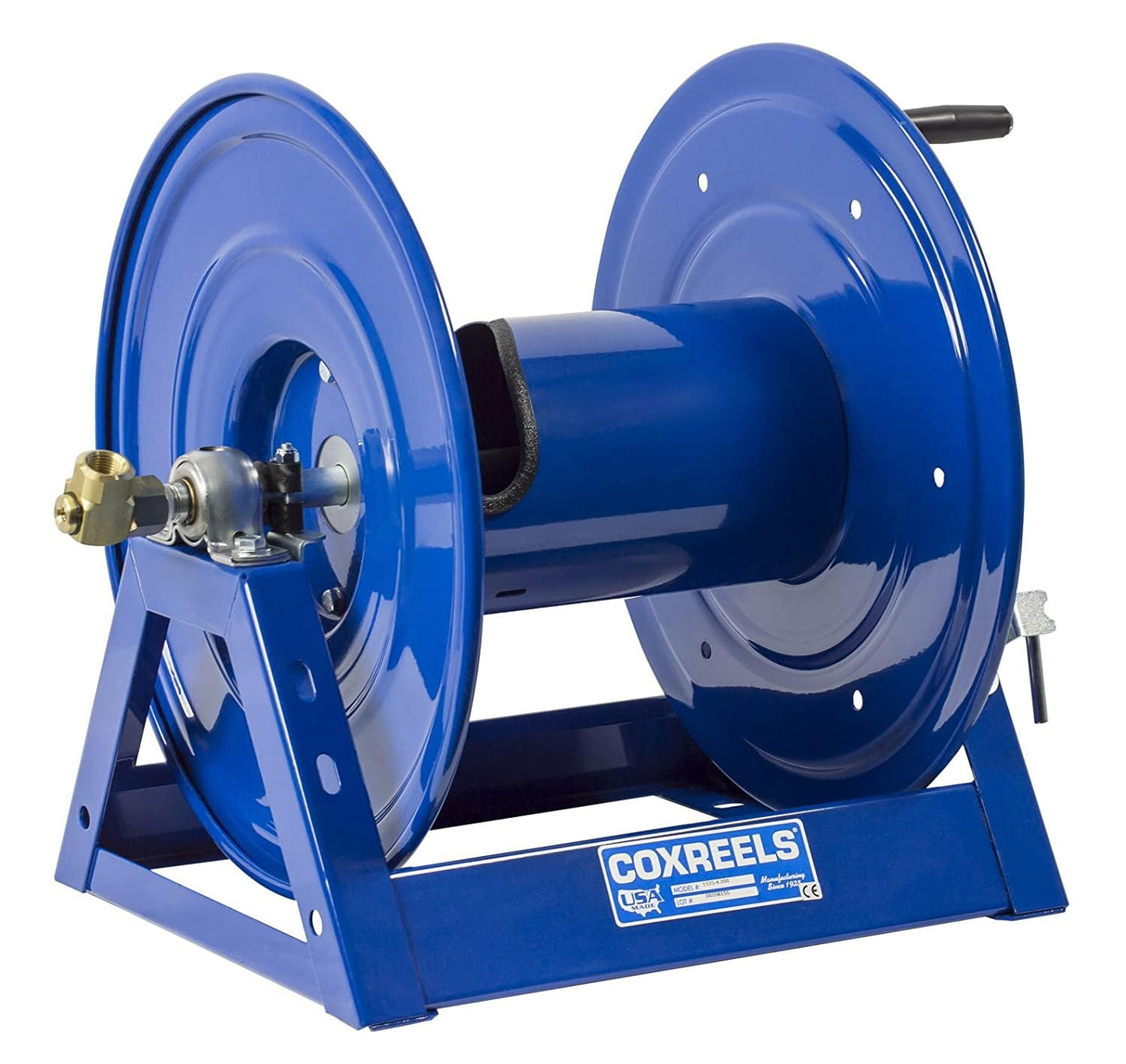 Coxreels 1125-4-200 Hand Crank Steel Hose Reel, 1125 Series - ½” x 200’, 3,000 PSI - Heavy Duty All Welded Steel A Frame - Adjustable Tension Break – Made in the USA, Blue