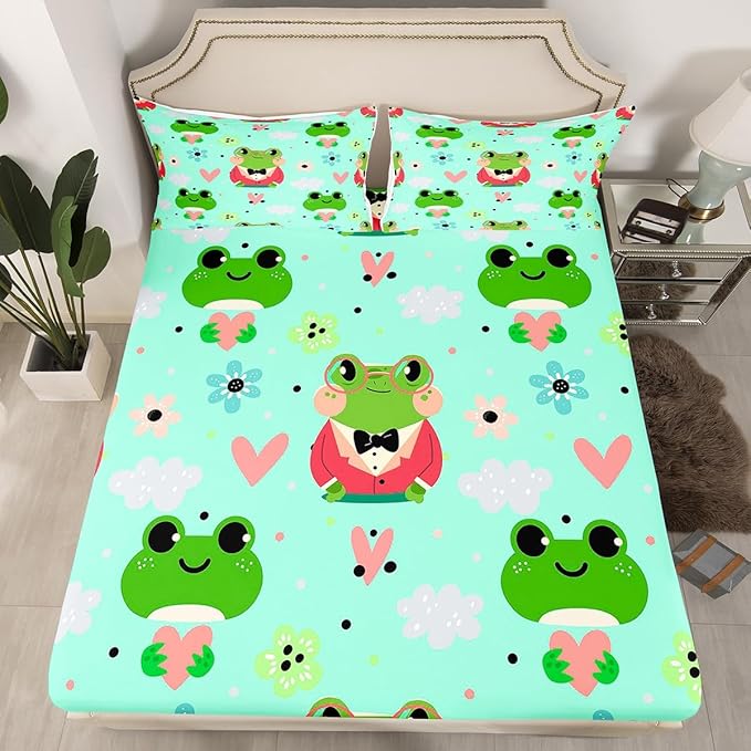 Cartoon Frog Bed Sheets Tropical Amphibian Sheet Set for Kids Boys Girls Toddler Dorm Decor,Cute Flower Love Heart Fitted Sheet + Top Sheet + 2 Pillowcases,Tropical Botanical Animal Bedding Set,Queen