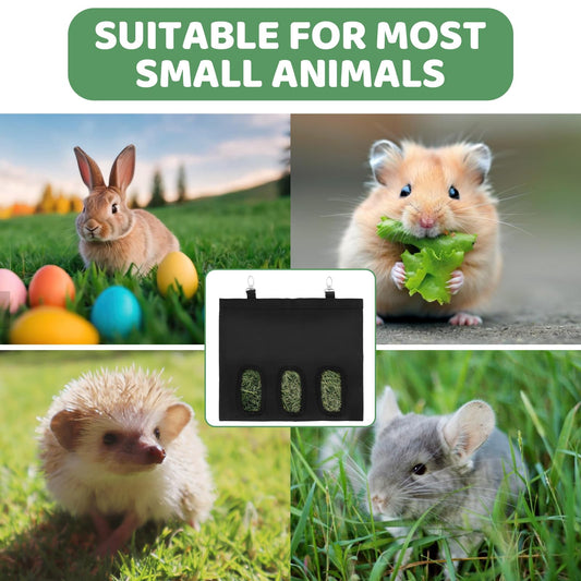 LDXDRU 4Pcs Rabbit Hay Feeder Bag, 3 Hole Hay Bag for Rabbits, Guinea Pig Hay Feeder, Small Animal Hanging Hay Bag for Rabbits Bunny Chinchillas Hamsters and Other Small Pets (Black)