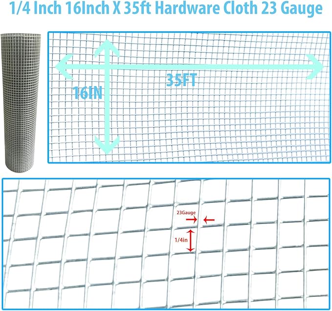 Galvanized Welded Wire Mesh Roll, 16in x 35ft, 1/4 Inch 23 Gauge Hardware Cloth - Garden Fencing for Rabbits, Chickens, Snakes, Gophers, Raccoons & Small Critters - Cage, Enclosure, Pest Barrier