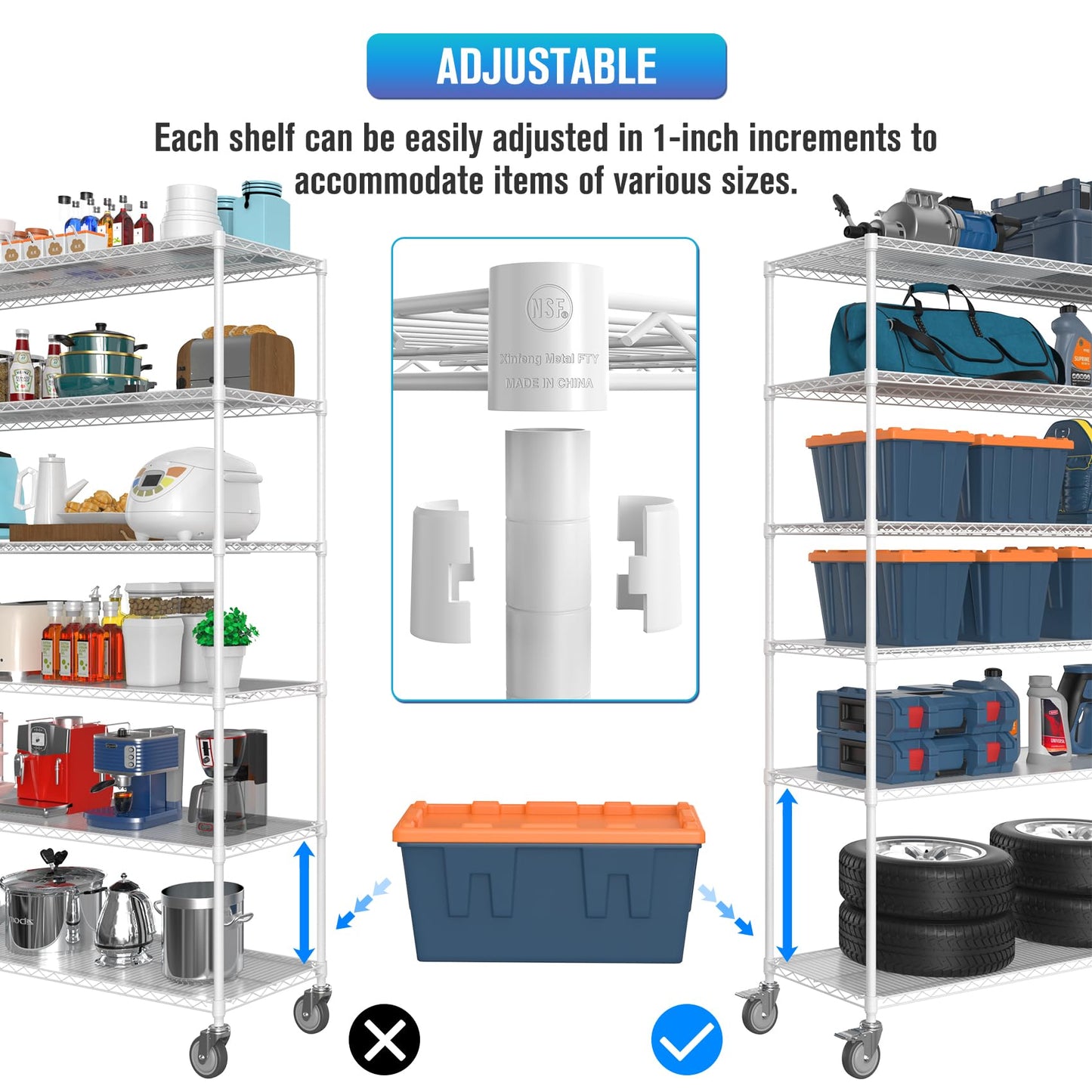 6 Tier NSF Wire Shelf Shelving Unit, 18 x 60 x 87.5 Inch 6000lbs Capacity Heavy Duty Adjustable Storage Metal Rack with Wheels/Leveling Feet & Shelf Liners, Ideal for Garage, Kitchen, and More - White