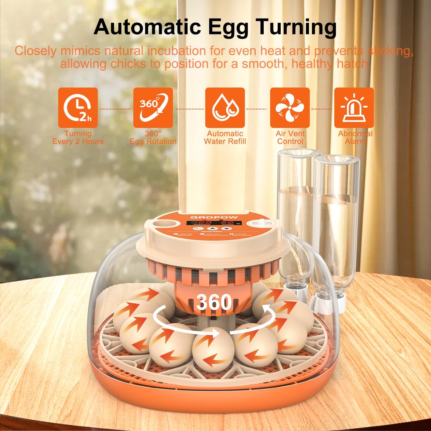 GROPOW 12 Egg Incubator, Automatic Turning with Temperature & Humidity Control, Egg Candler, 360 View with Air Vent, Auto Water Bottle Refill, Chicken Incubator for Hatching Eggs