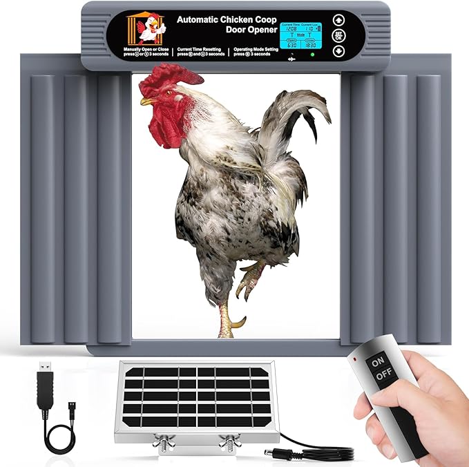 Automatic Chicken Coop Door, Anti-Pinch Protection, Extra Large Size, Programmable Timer & Light Sensor Modes, LCD Display, Solar Powered Auto Chicken Door Opener with Remote Control