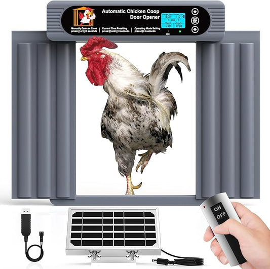 Automatic Chicken Coop Door, Anti-Pinch Protection, Extra Large Size, Programmable Timer & Light Sensor Modes, LCD Display, Solar Powered Auto Chicken Door Opener with Remote Control