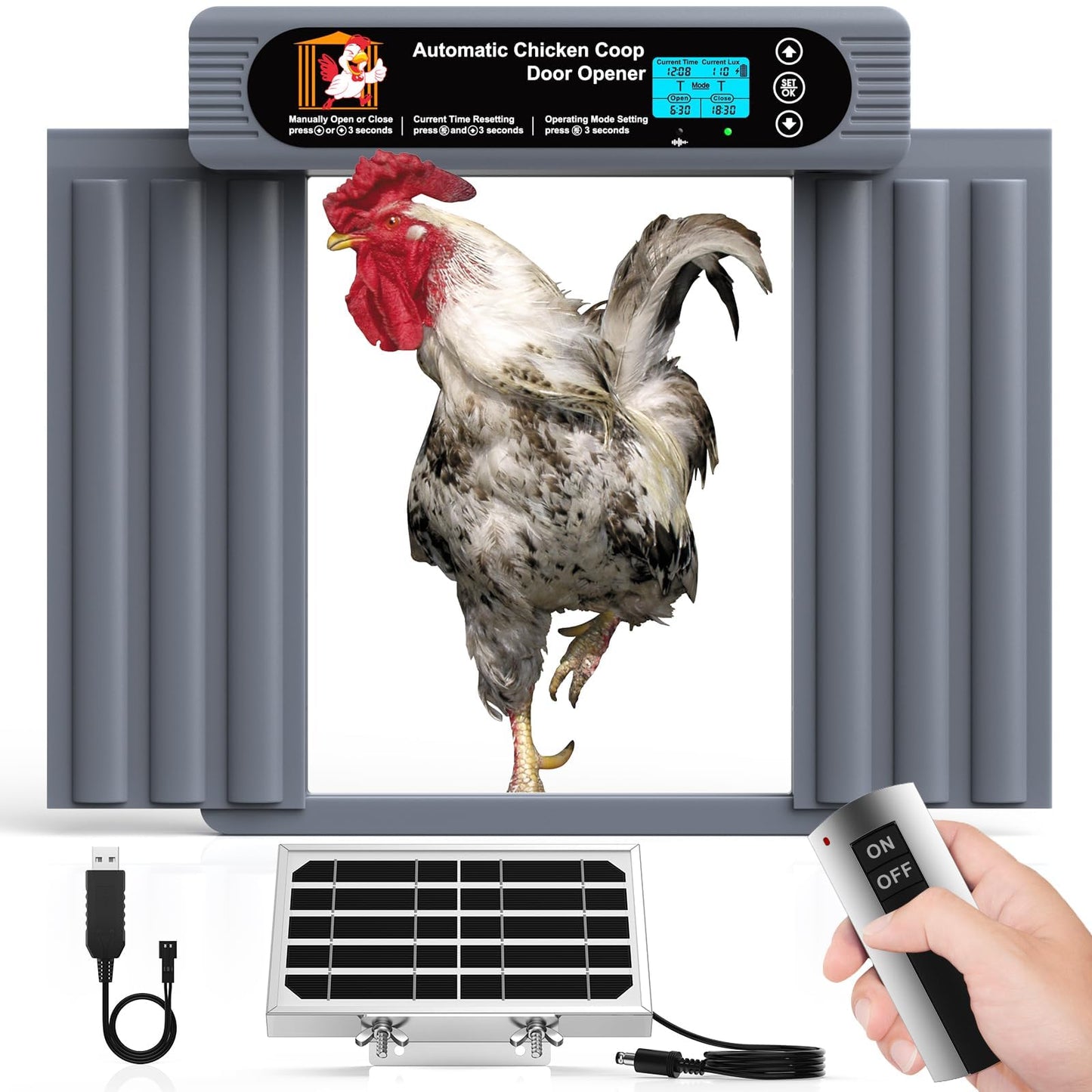GROPOW Automatic Chicken Coop Door, Anti-Pinch Protection, Extra Large Size, Programmable Timer & Light Sensor Modes, LCD Display, Solar Powered Auto Chicken Door Opener with Remote Control