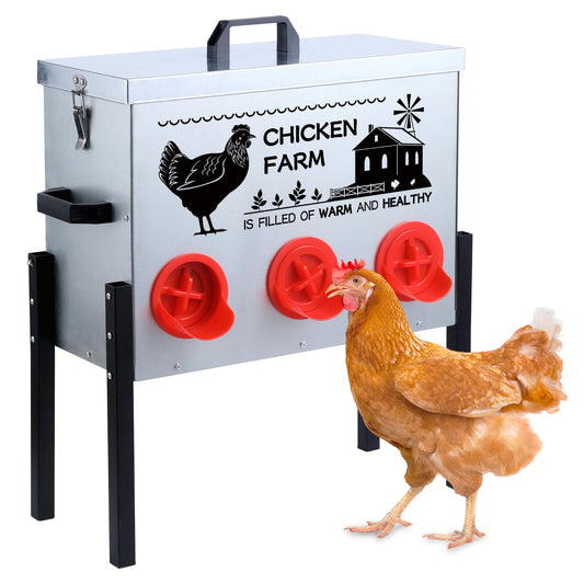 Automatic Chicken Feeder Box 30 lbs, 6 Feeding Ports, No Waste Poultry Feeder with Locking Lid and Adjustable Legs for Chickens, Ducks, Geese Galvanized Metal (30 Lbs-6 Ports)
