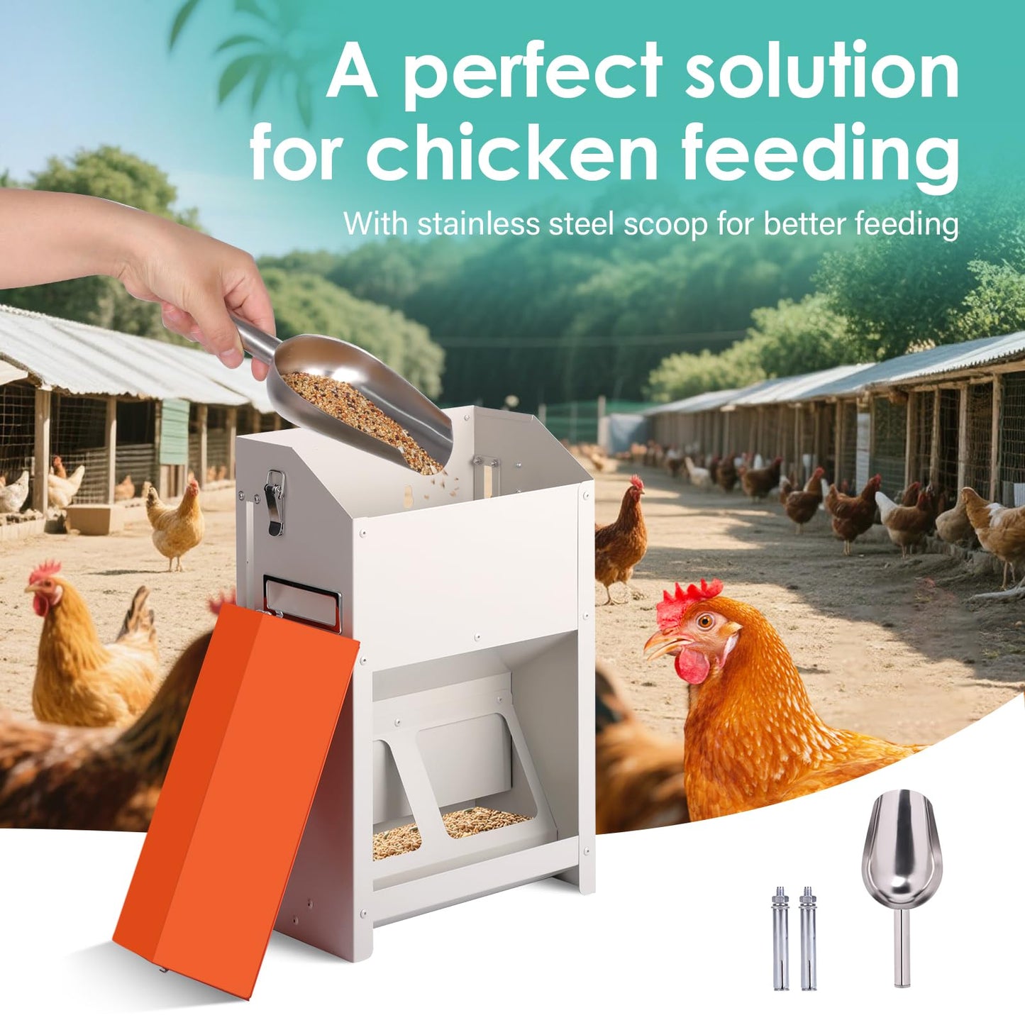 PAUQRWIE Chicken Feeders No Waste 20lbs Large Automatic Poultry Feeder with Lid Auto Feeding Though Dispenser for Duck Turkey Pheasant Chicken Coop Feeder System