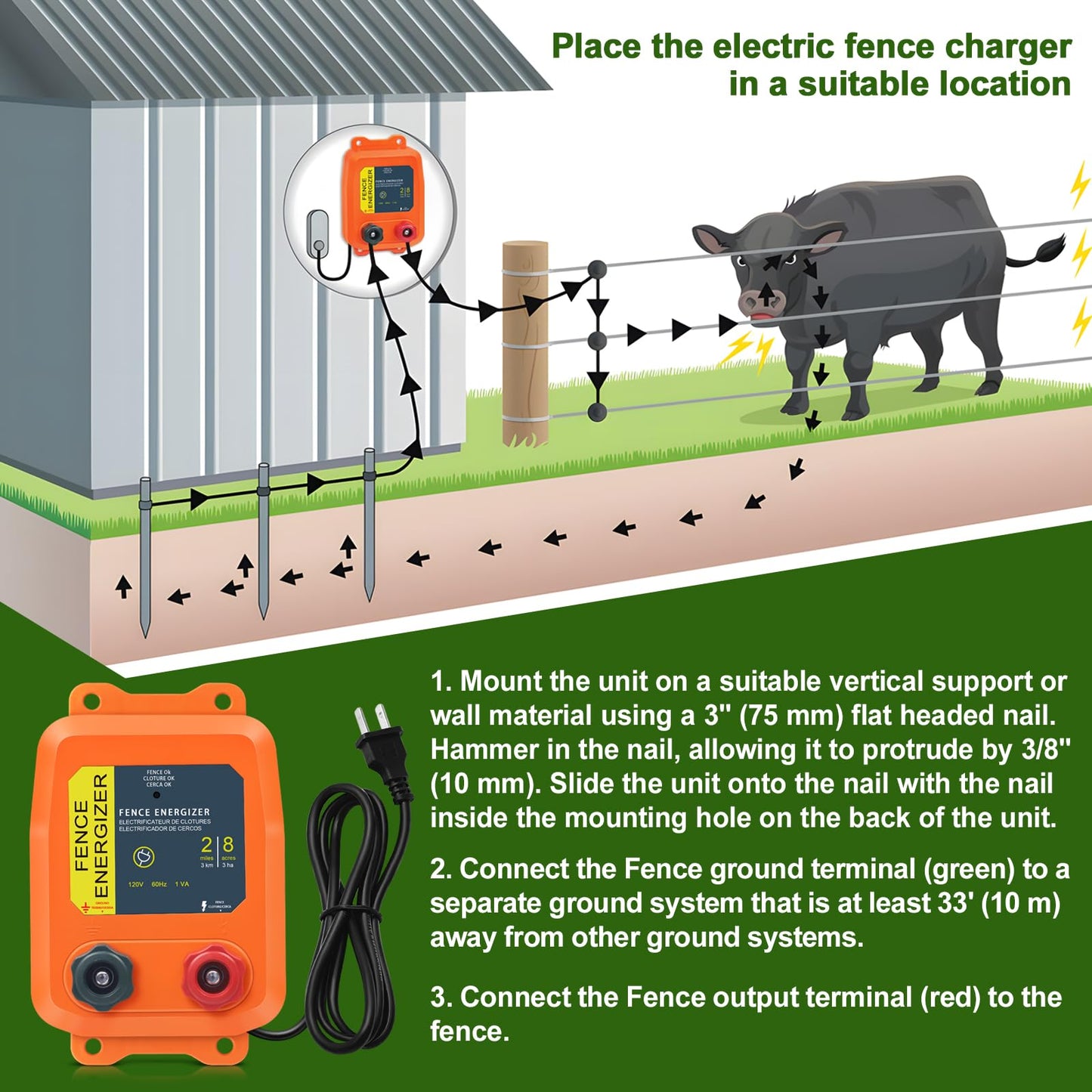 PE2 Electric Fence Energizer, 2-Mile/ 8 Acres Electric Fence Charger,0.1 Joule Livestock Fence Chargers for Containing Dogs, Livestock and Preventing Wild Animals Intruding,Orange