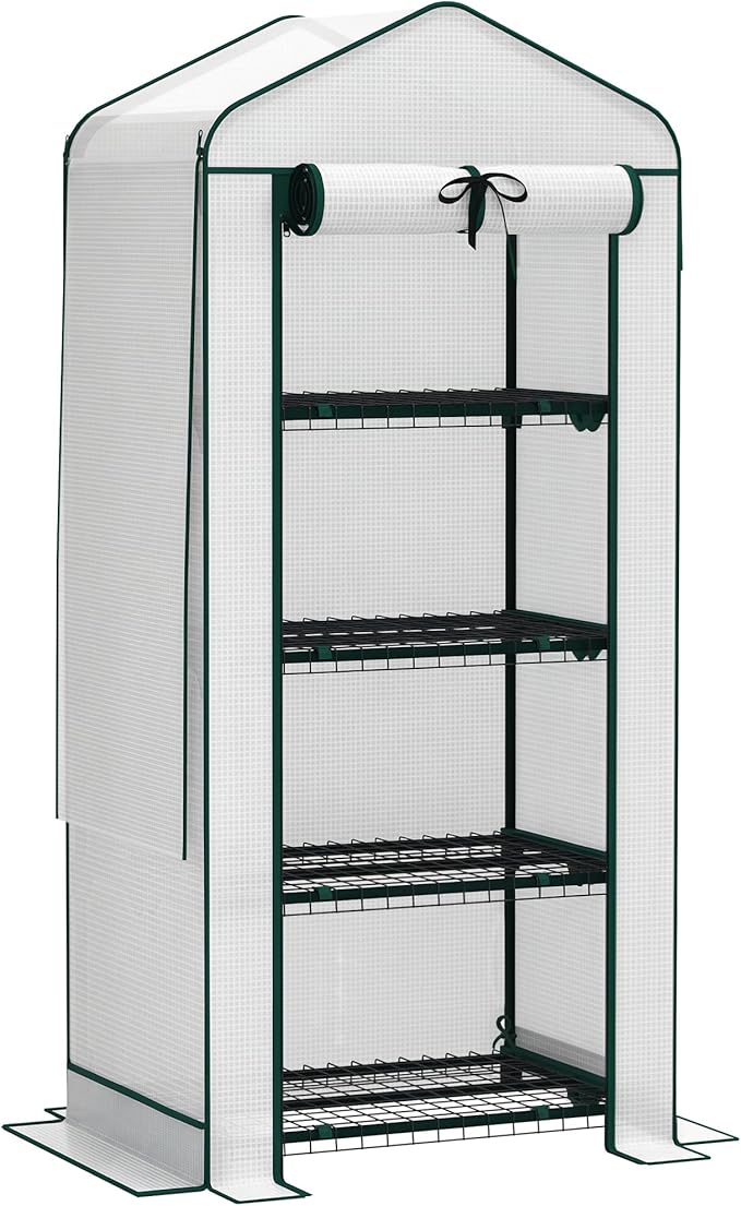 Outsunny 4 Tier Mini Greenhouse with Screen Roof, 27.6" x 19.7" x 62.2", Portable Small Greenhouse with High Strength PE Cover, Roll-Up Zipper Door for Garden Yard Backyard, White