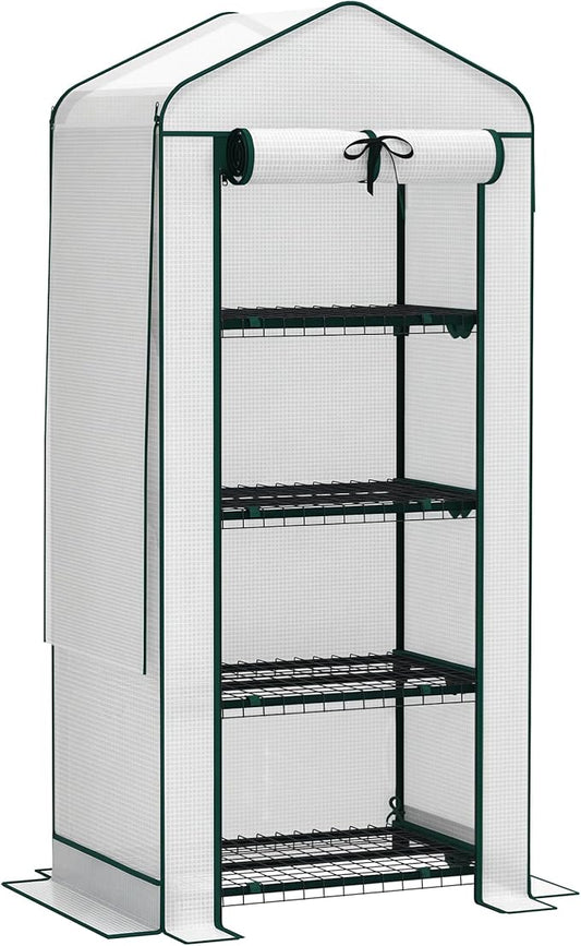 Outsunny 4 Tier Mini Greenhouse with Screen Roof, 27.6" x 19.7" x 62.2", Portable Small Greenhouse with High Strength PE Cover, Roll-Up Zipper Door for Garden Yard Backyard, White