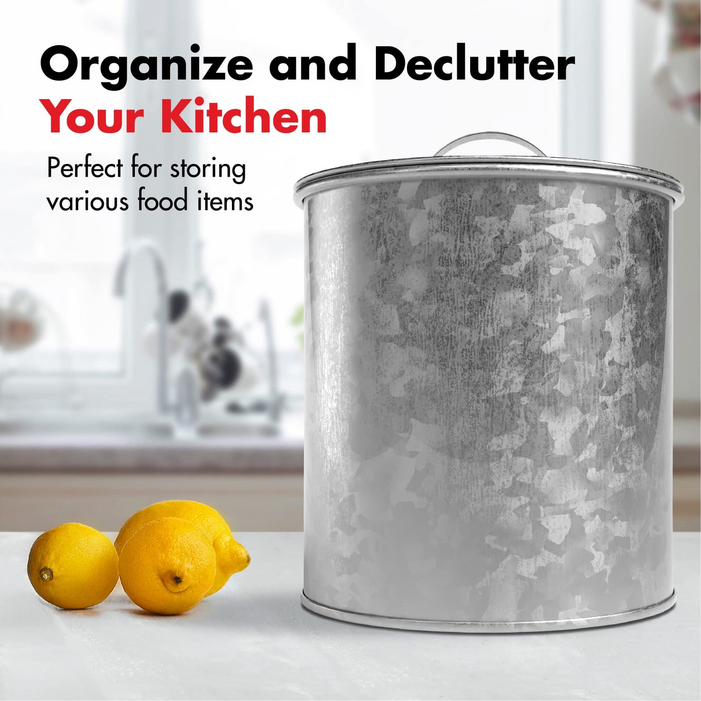Amici Home Newport Galvanized Metal Canister | Dry Food Storage Container | Airtight Lid | 156 Ounce Capacity | Farmhouse Décor | Rustic Metal Canister for Kitchen Countertop (Silver)