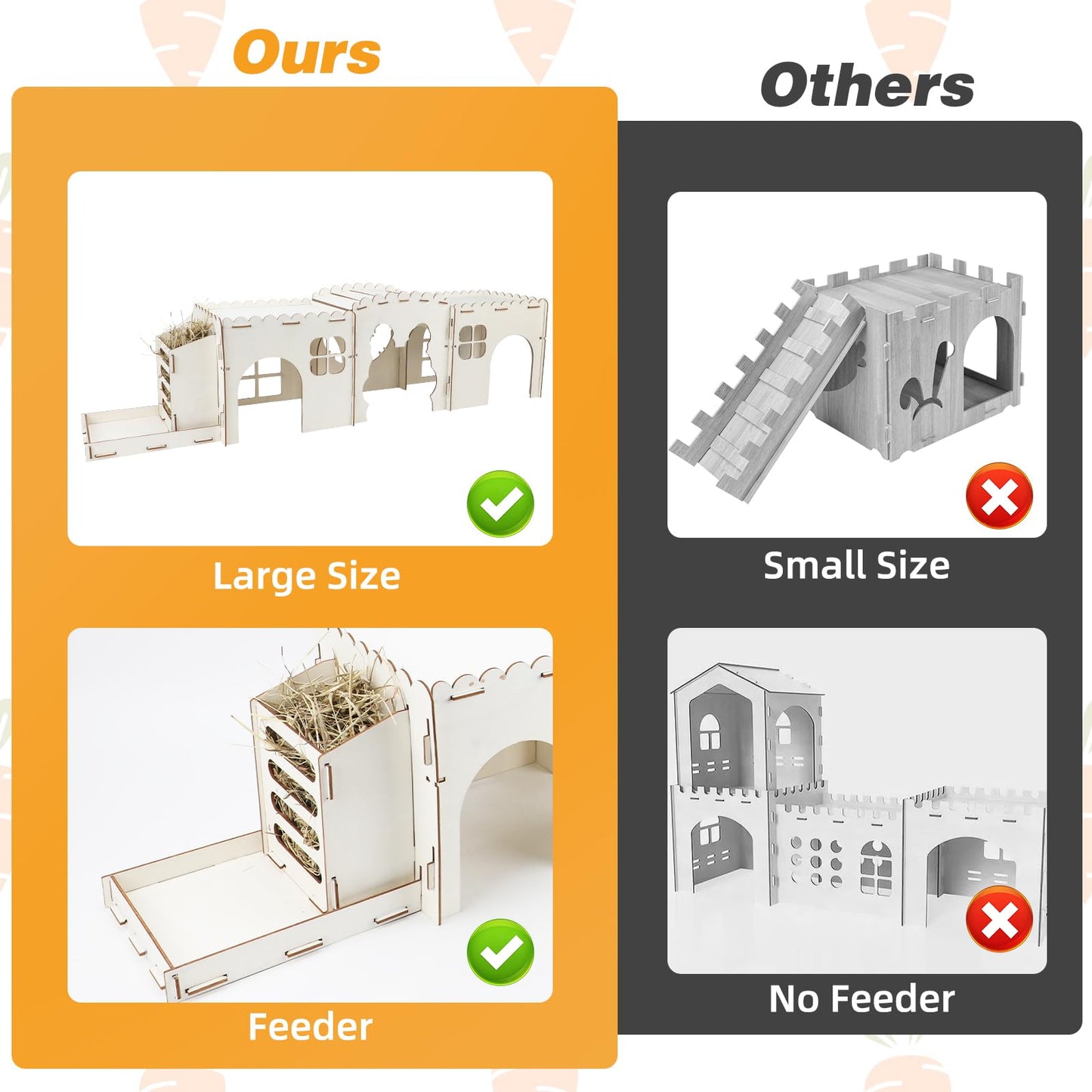 GINDOOR Extra Large Rabbit Hideout Castle with Hay Feeder, Wood Bunny House and Rabbits Hideaway, Indoor Bunny Castle Sturdy Small Animal Play Hideaway Hut for Bunnies, Guinea Pigs, Chinchillas