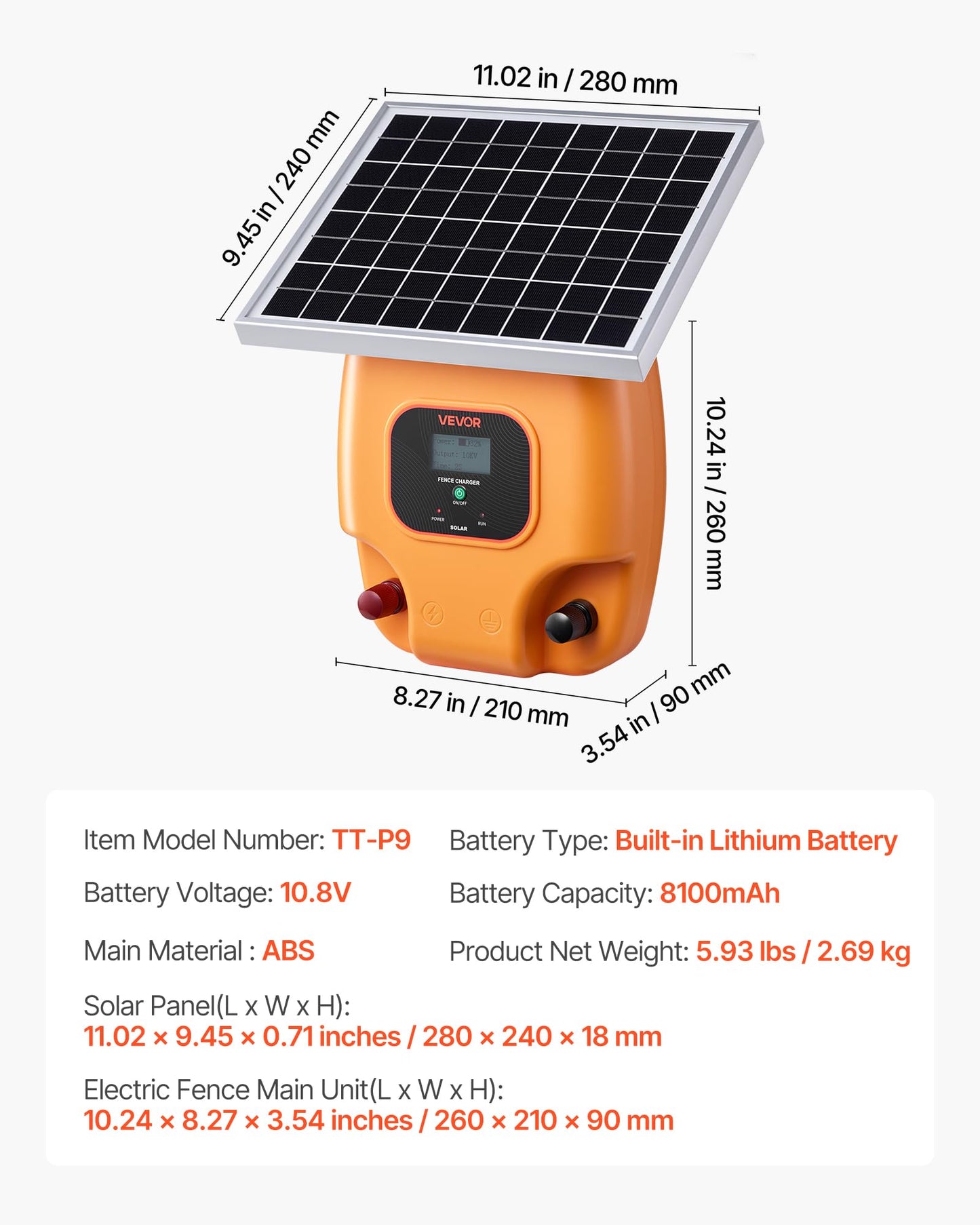 VEVOR Solar Fence Charger, 1J 10kV Solar Powered Fence Charger, Electric Fence Energizer Kit, Keep Out Predators, 3 Days Runtime, for Livestock, Poultry, Garden Protection