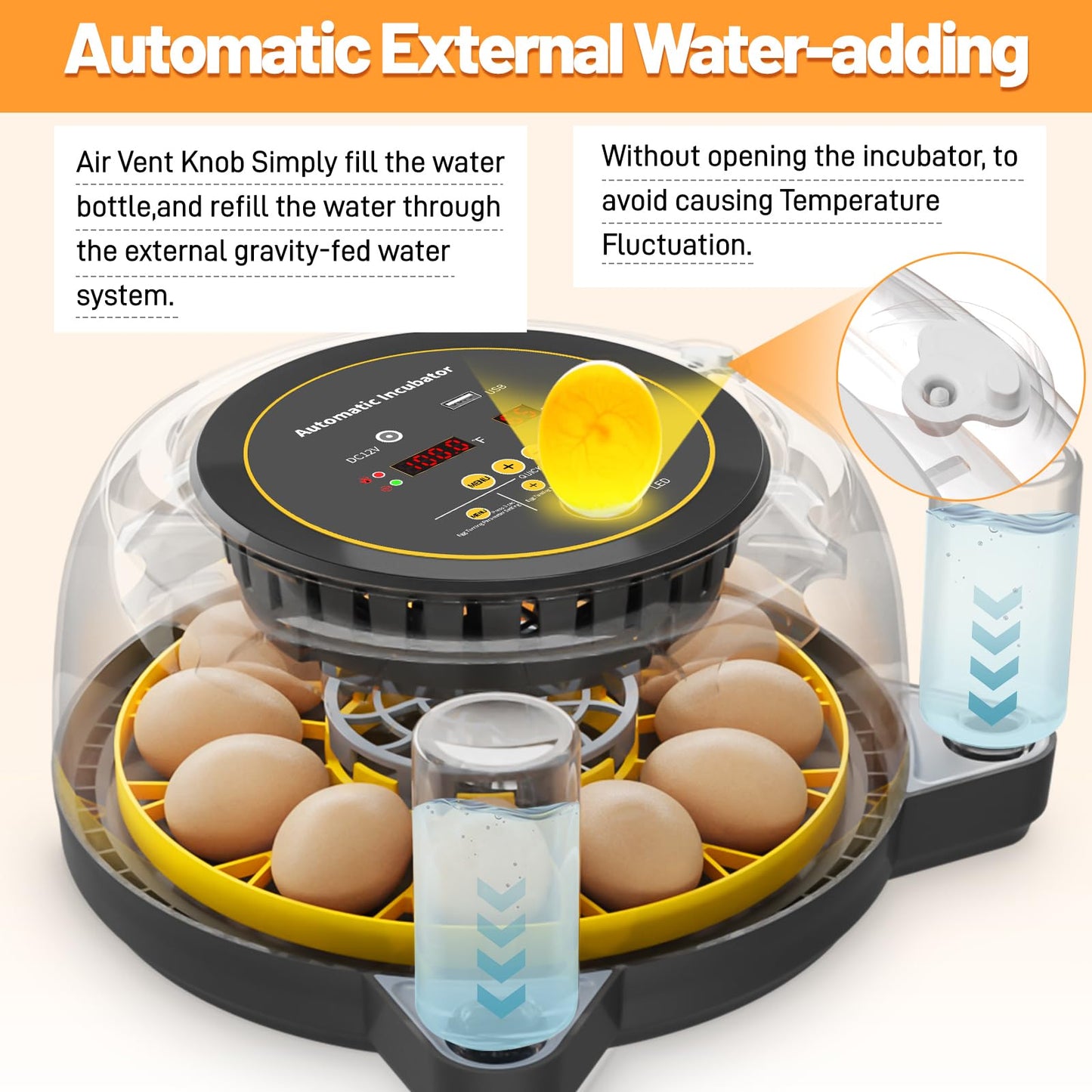 12 Incubators for Hatching Eggs, Egg Incubator with Automatic Egg Turning and Humidity Control, Incubator for Chicken Eggs, Egg Candler, Hatching Eggs for Chick Quail Duck, with Water Bottles -Black