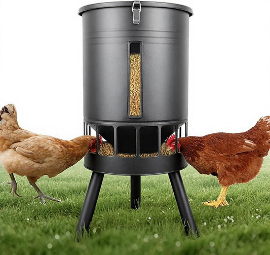 KOL Metal Chicken Feeder No Waste - 50lbs Poultry Feeder with 16 Ports, Powder Coated Rust-Proof Design & Smooth Edges for Safe Feeding (Black)