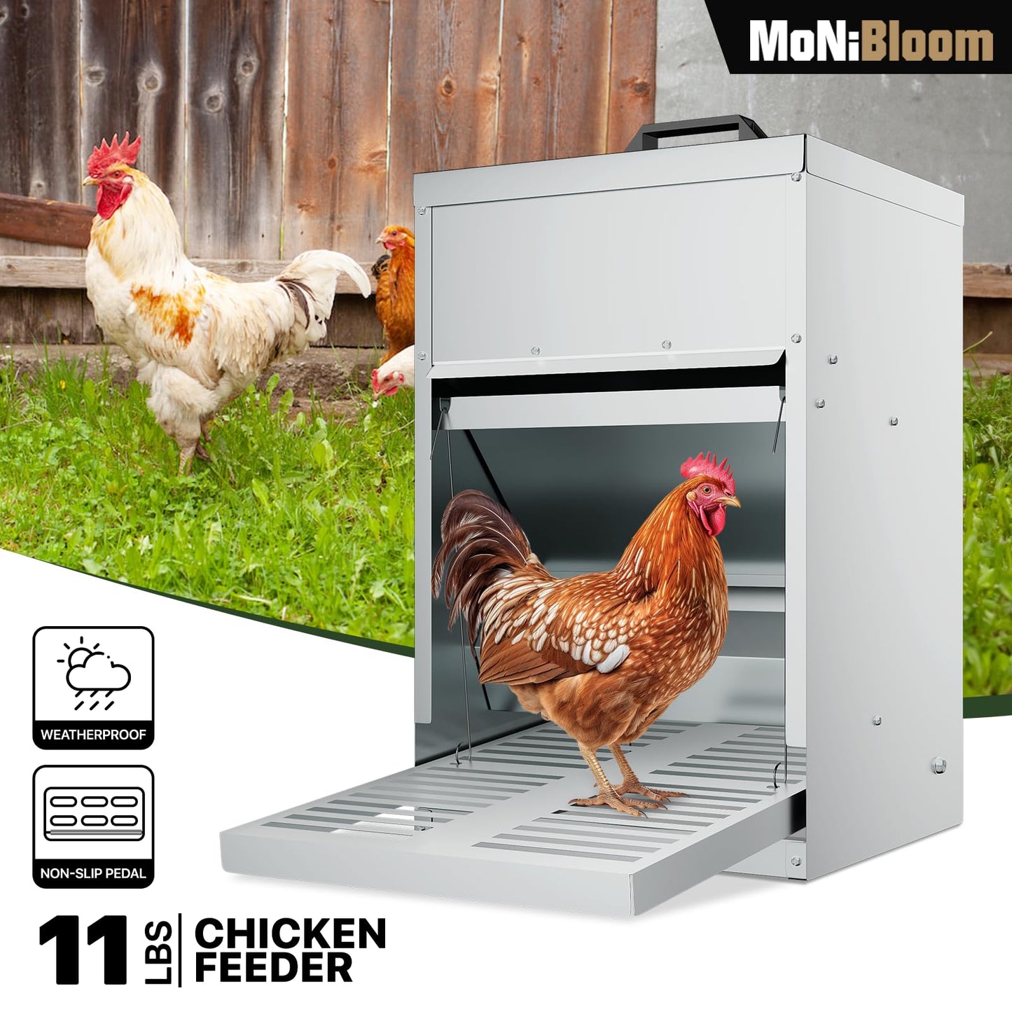 MoNiBloom Automatic Treadle Chicken Feeder, 11 lb Galvanized Steel Duck Feeder with Weatherproof Lid, Coop Feeder Rodent Proof Poultry Feeder for Chickens, Ducks, Geese
