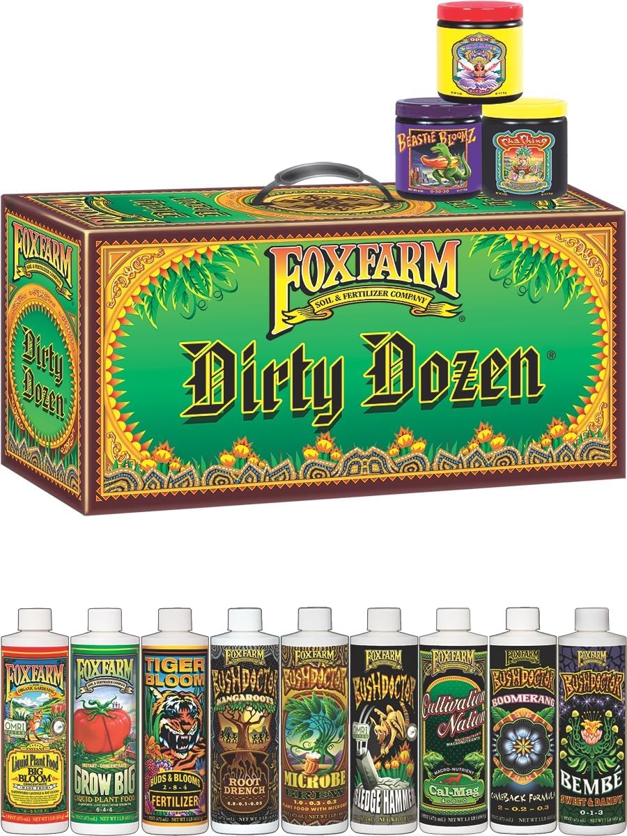 Fox Farm Dirty Dozen Starter Kit - 9-Pack Liquid Nutrients & 3 Soluble Fertilizers - Includes Open Sesame, Beastie Bloomz & Cha Ching - Perfect for Thriving Plants & Vibrant Blooms