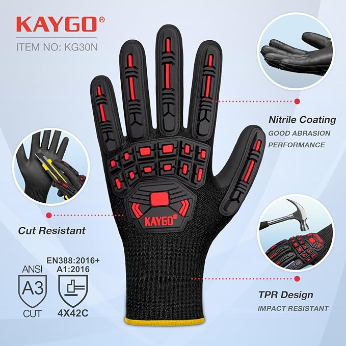 KAYGO Cut Resistant Safety Work Gloves，ANSI Cut level A3,Impact Reducing Work Gloves for Men, TPR Impact Reducing Mechanic,KG30NB,2 Pairs Black,2X-Large