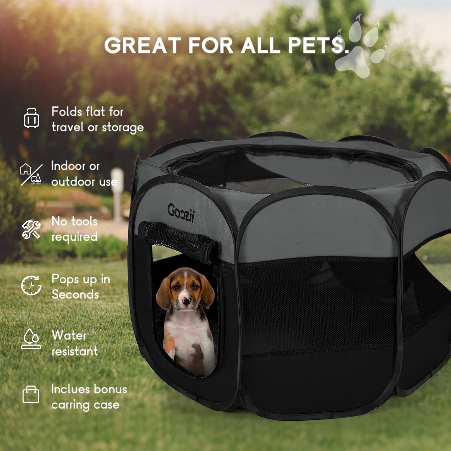 Goozii Portable Dog Playpen for Medium Dogs, Collapsible Pet Cat Kitten Puppy Playpen Indoors Outdoors with Zipper Top Cover (Medium Size, Grey-Black)