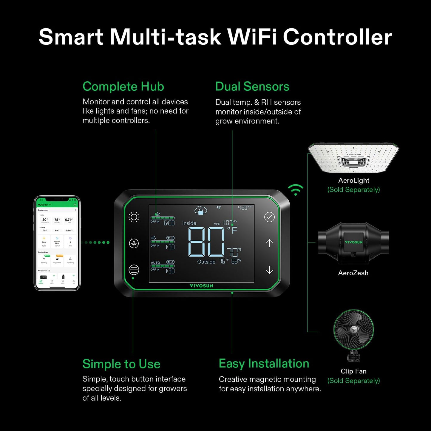 VIVOSUN Smart Air Filtration PRO G4 Kit 4", AeroZesh G4 Inline Duct Fan w/GrowHub E42A Temp. Humidity WiFi-Controller, Carbon Filter & Ducting, Cooling & Ventilation System for Grow Tent, Hydroponics